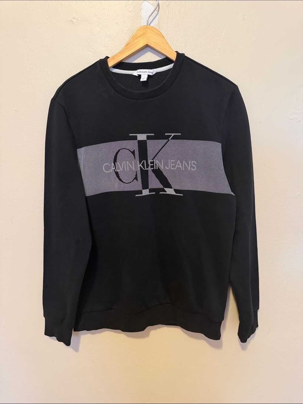 Calvin Klein Jeans Black Crewneck Sweater with Gray Logo Stripe